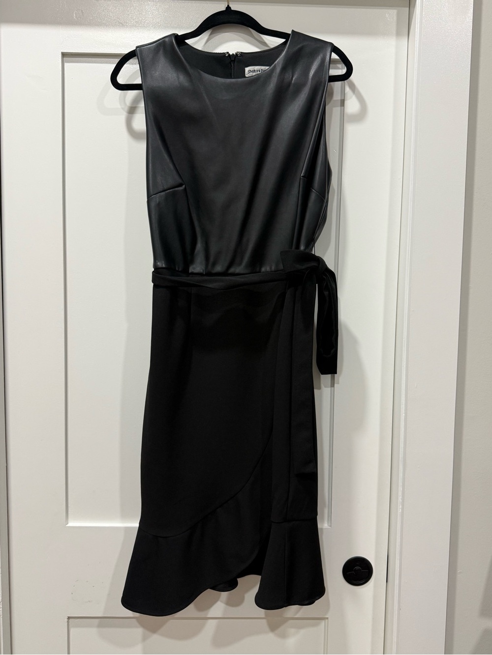 Shelby & Palmer Black Faux Leather Bodice Tie-Waist Midi Dress